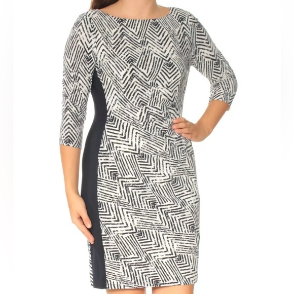 Lauren Ralph Lauren Navy Chevron Colorblock Ruched Dress Career Size 4 Event - Picture 1 of 13